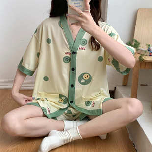 短裤 夏季 女士睡衣仿棉短袖 可外穿 简约V领家居服套装 特价 清仓