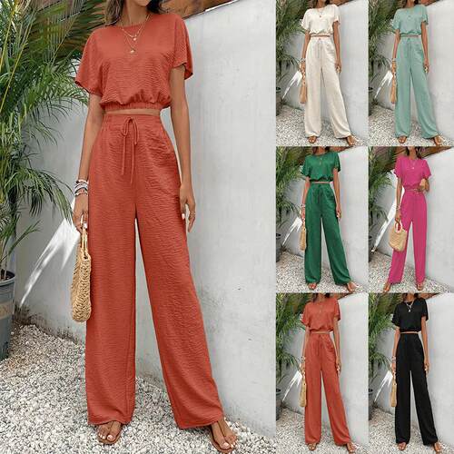 Womens Solid Color Fitted Top Wide Leg Pants Twopiece Set