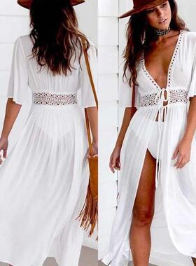 S-3XL Plus Size Women Beach Dress Solid Black White Lace Bea