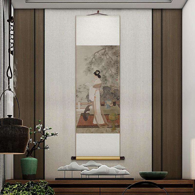 新中式丝绸仕卷轴景挂画 画女读书办公室书房装饰画画客厅玄关背
