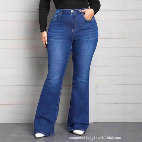 Street Waist Butt Lifter Flare Leg Jeans Blue Washed