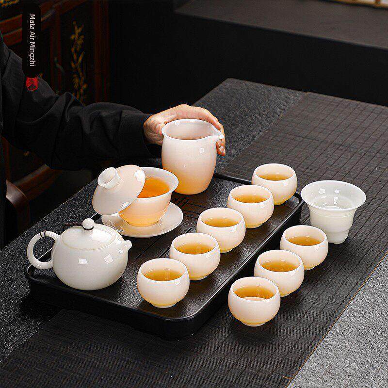 高档冰种玉瓷茶具套装家用轻奢璞玉泡茶壶盖碗羊脂玉白瓷送礼盒装