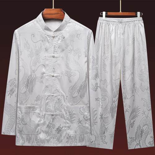 复古风唐装男2025新款冰丝长袖套装春夏中老年汉服爸爸爷爷太极服