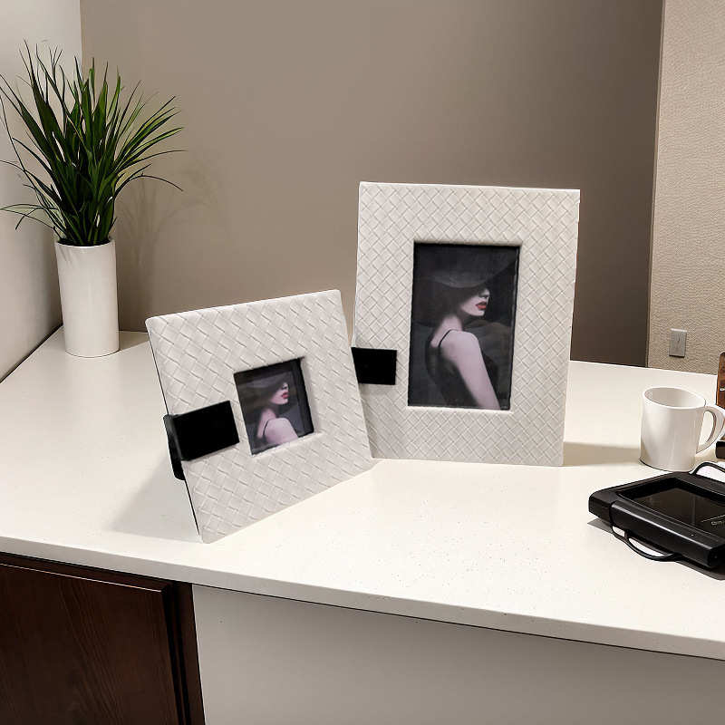 长方形相框摆台中空木质样板房现代简约桌面编织装饰摆件