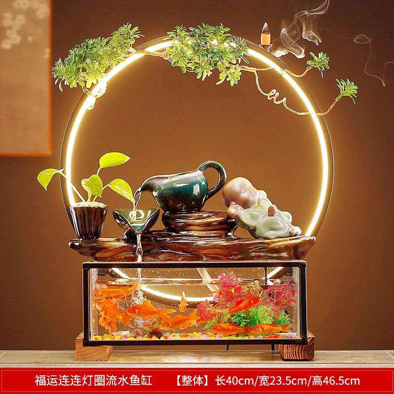 新中式方形鱼缸水世界造景陶瓷开运装饰盆景福运连连流水生财摆件