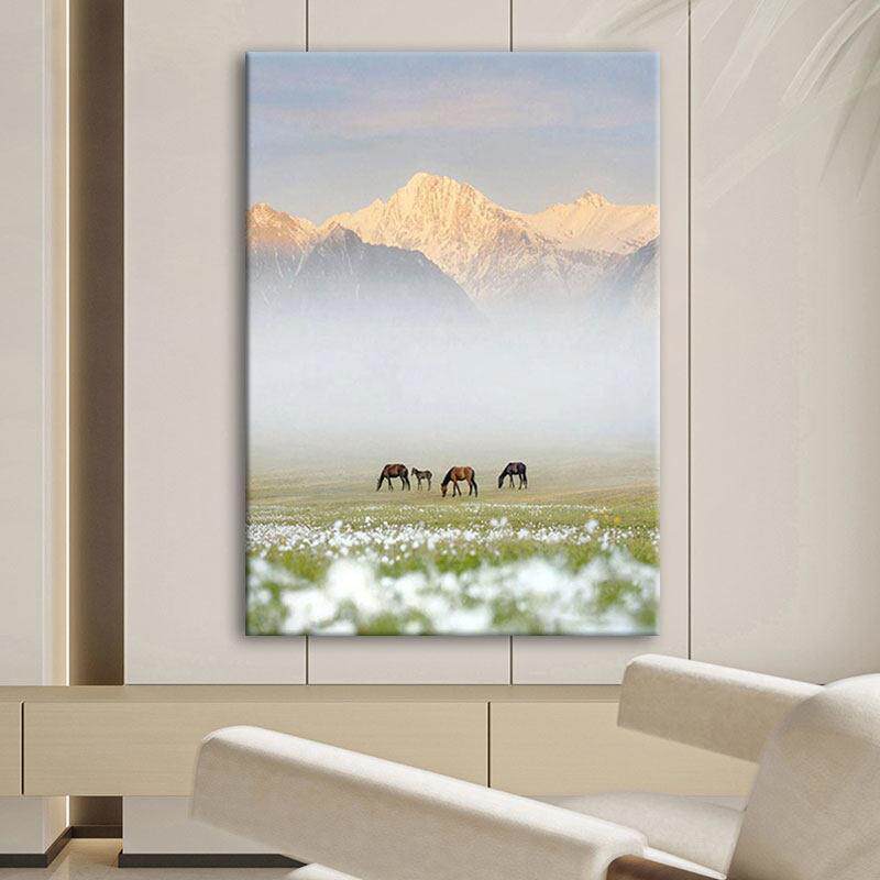 网红草原山风景手绘画油北欧牧马色装饰画客厅浅温馨雪画挂玄关肌