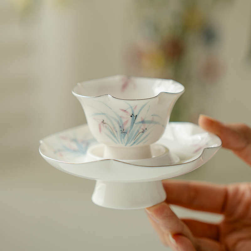 昌朴居描白金纯手绘幽兰荷韵套杯陶瓷单杯功夫茶具品茗茶杯带杯垫,餐饮具,茶杯,淘宝优惠券,粉丝福利购,淘宝优惠卷