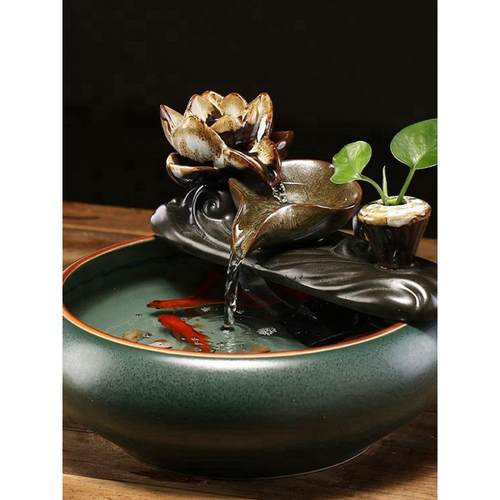 循环流水陶瓷鱼缸招财进宝生财摆件莲花创意流水器茶台风水摆件