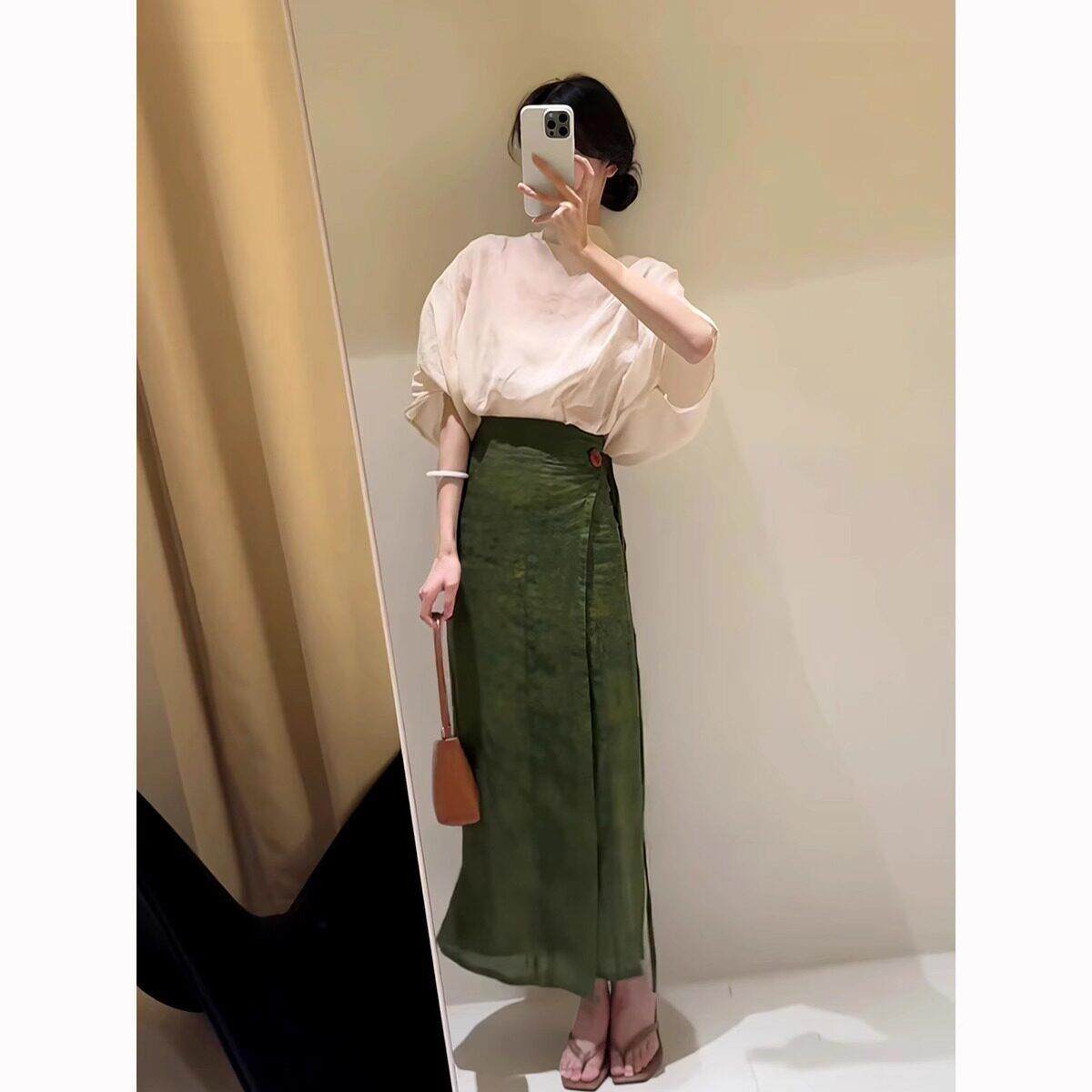欧洲站夏季2025新款小众设计高级感套装时尚绿色半身裙子两件套女