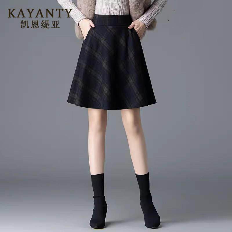 KAYANTY毛呢裙子半身裙短裙女新款半裙女士显瘦a字裙格子伞裙女