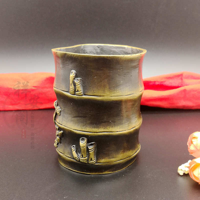 竹节笔筒摆件黄铜复古工艺书法笔筒文房用品办公工艺用品