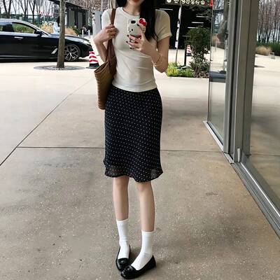 黑色波点半身裙女夏高腰显瘦 a字裙轻薄垂感鱼尾裙小个子百搭裙子