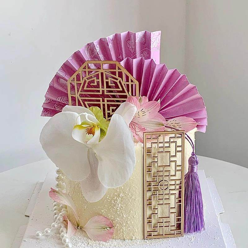 新中式国风蛋糕装饰蝴蝶兰花束创意木制屏风青花瓷粉紫色扇子插件,节庆用品/礼品,节日装扮用品,淘宝优惠券,粉丝福利购,淘宝优惠卷