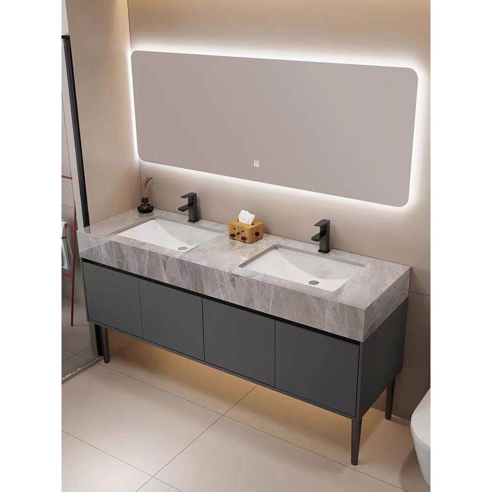 轻奢智能双人落地式浴室柜组合公共卫生间岩板双盆洗手盆洗漱台盆