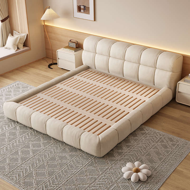 迪美尔榉木排骨架布艺床主卧婚床奶油风小户型北欧简约现代泡芙床