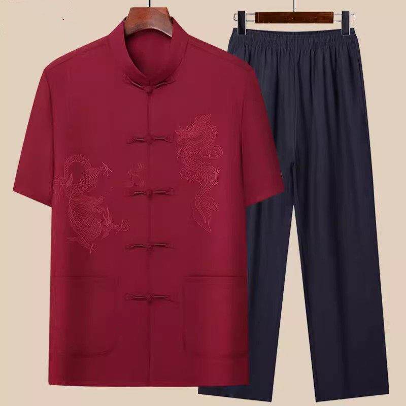 唐装男士夏季短袖套装中老年中国风爸爸装老人过生日喜宴爷爷衣服
