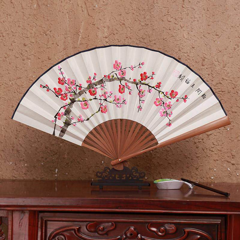 中国风手绘桃花折扇 8寸竹制白纸扇复古工艺礼品 手工绘制梅兰竹