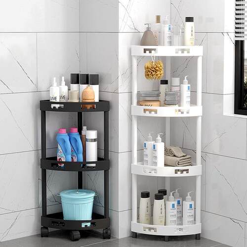 Floor-standing bathroom storage rack, triangular corner shel