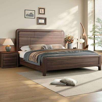 fLE新中式黑胡桃木现代简约1米8双人床1.5米主卧大床全实木储物婚