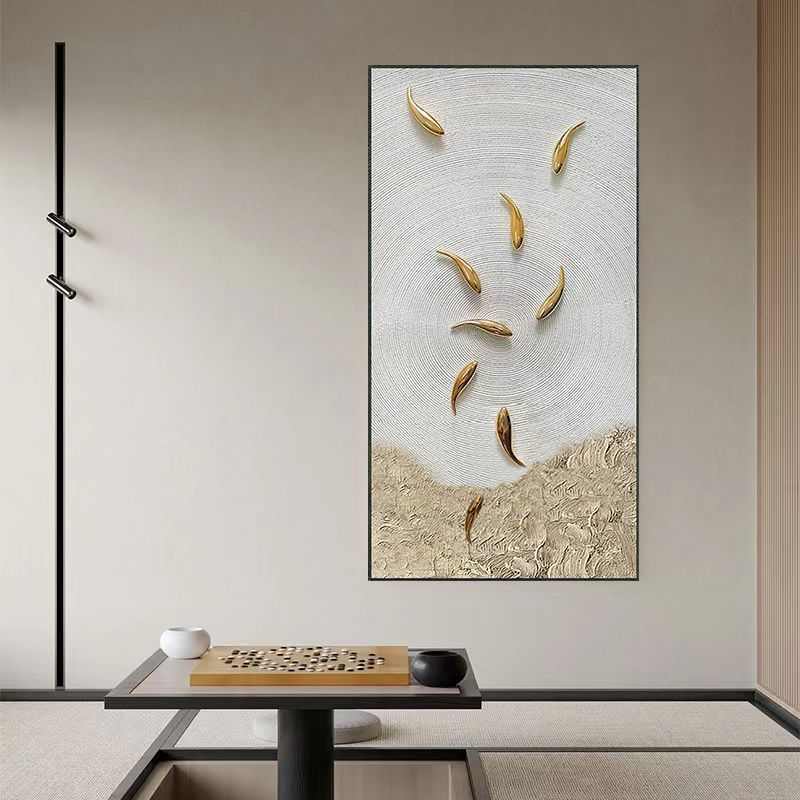 手绘九鱼图轻奢玄关装饰画寓意好简约客厅立体画竖版入户走廊壁画图片