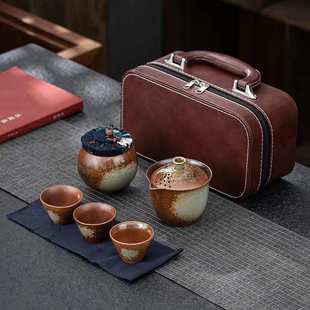 防柴烧快客杯防烫陶瓷一壶三杯车载户外手绘便携包旅行功夫茶具套