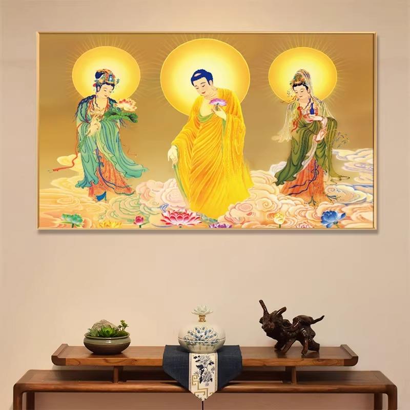 西方三圣挂画阿弥陀佛装饰画观音菩萨客厅佛堂中堂佛像背景墙壁画