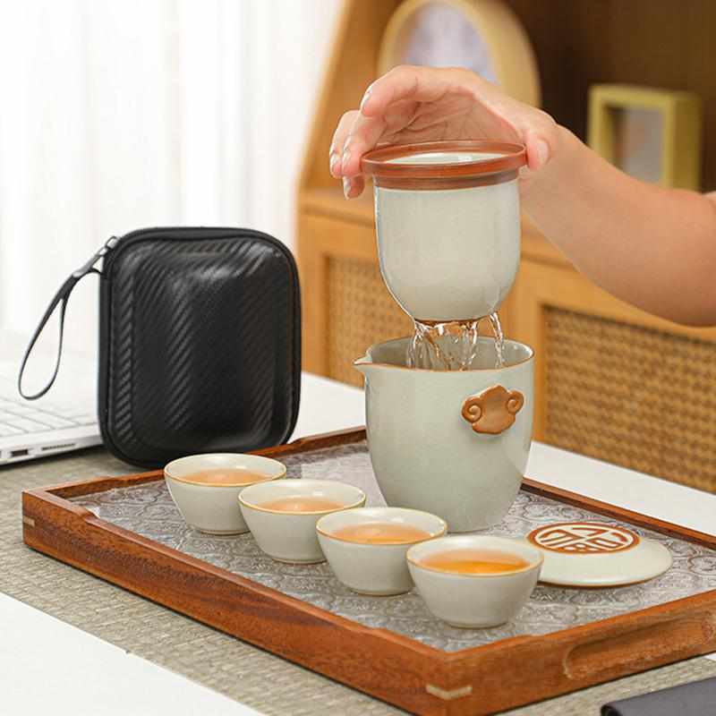 汝窑旅行茶具套装便携式一壶四杯户外露营简约哥窑快客杯定制logo