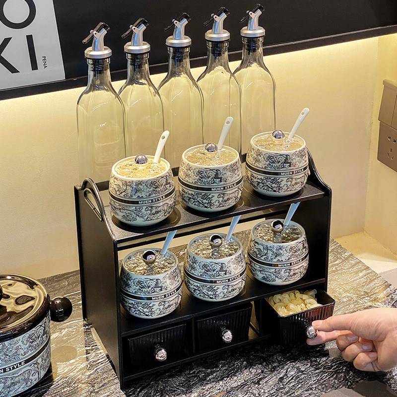 中古风陶瓷调味罐油瓶套装厨房盐罐调料品组合架高档调料盒收纳架