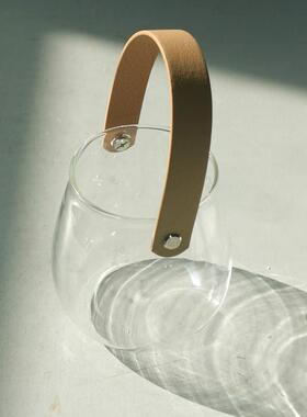 北欧创意皮革提手玻璃花瓶水培植物插花器干花工艺创意家居装饰品