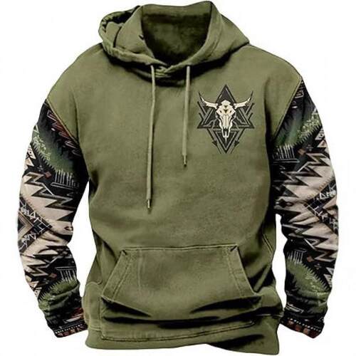 Men's Aztec Hoodie Western Cowboy Hooded Sweatshirt Warm