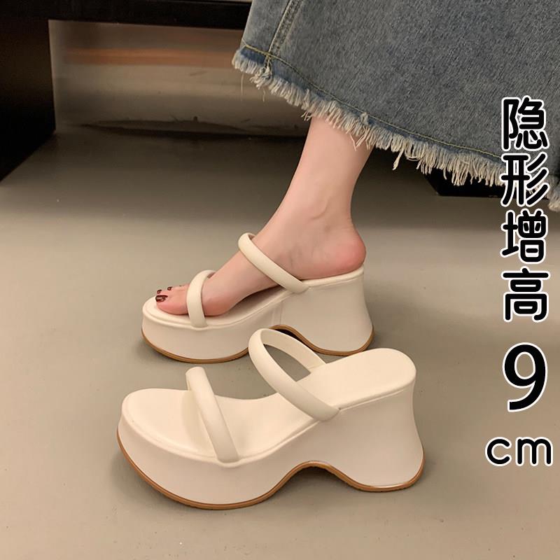 香港真皮厚底坡跟拖鞋女夏季外穿2026新款小个子增高跟沙滩凉拖鞋