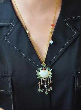 福意连绵镀金色骨链嵌仿和田风玉SY036复古民族中国旗袍汉服项首