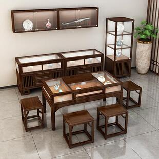 新中式实木展示柜珠宝柜台首饰文玩玻璃洽谈桌玉器货柜商场中岛柜