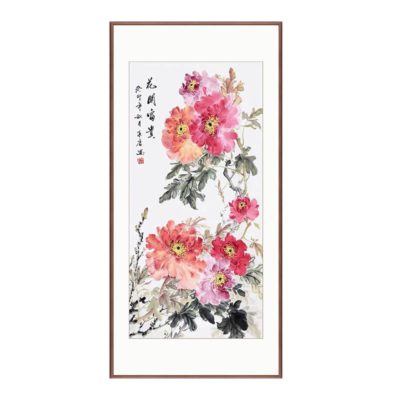 中式客厅走廊过道落地画花鸟入户国画玄关正对门风水挂画花开富贵