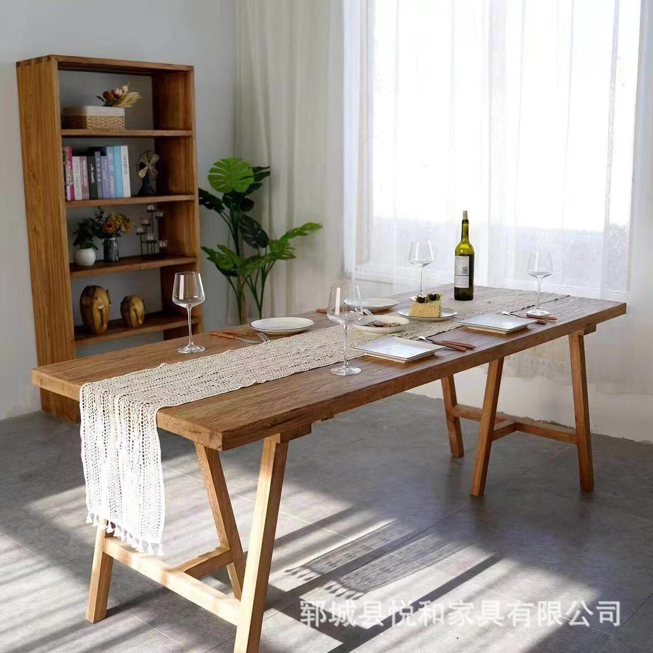 新中式老榆木茶桌做旧民宿酒店待客风化茶桌餐桌长方形复古大板桌