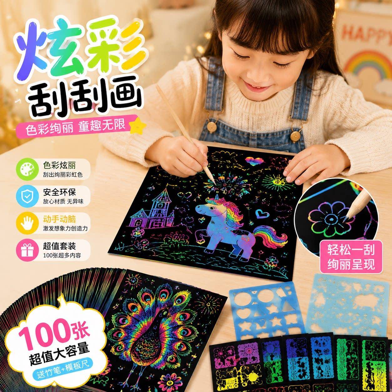 儿童刮刮画高颜值炫彩刮画纸a4小学生专用8k单色套装画画diy美术