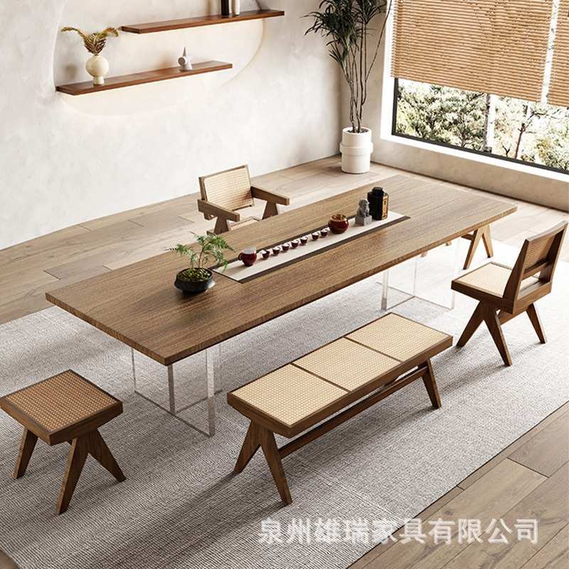 现代简约实木大板茶侘寂风悬浮桌椅组合一体茶台家用客厅茶桌全套