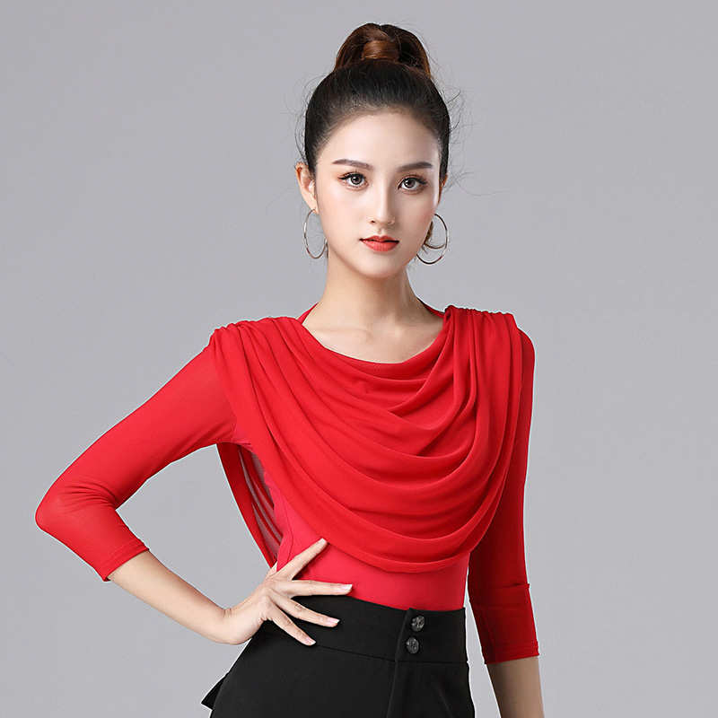 摩登舞练功服女拉丁七分袖网纱上衣红色拉丁舞舞蹈小衫广场舞衣服