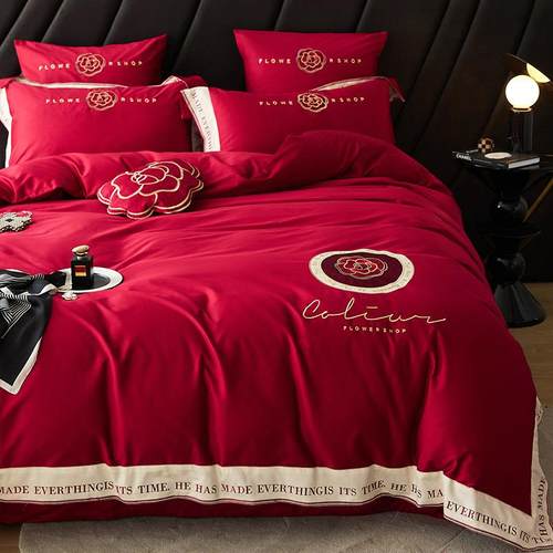 中式婚庆四件套100支长绒棉刺绣大红色被套床单纯棉结婚床上用品4