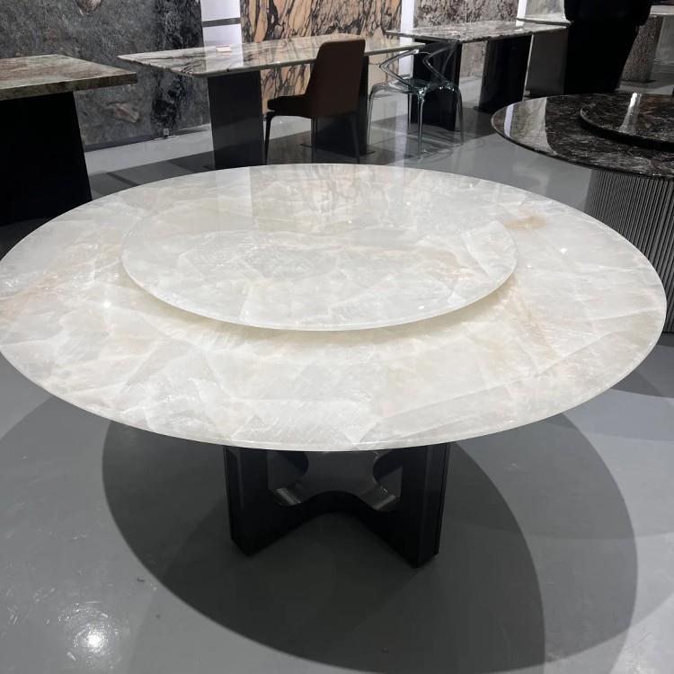 进口冰川世纪豪华石材餐桌屋经典白色冰玉天然大理石餐桌圆形转盘
