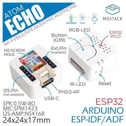 官方M5Stack Atom Echo可编程智能扬声器，内置Esp32蓝牙Wi-Fi物