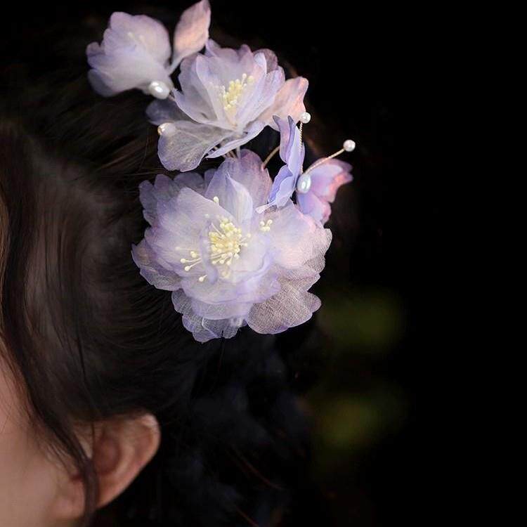 古手工真丝色烫花牡丹汉后压边夹绢花头饰唐风大花朵服紫风发夹
