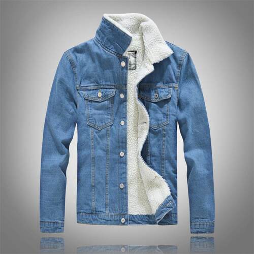 Men's light colored denim jacket with fur, plus size