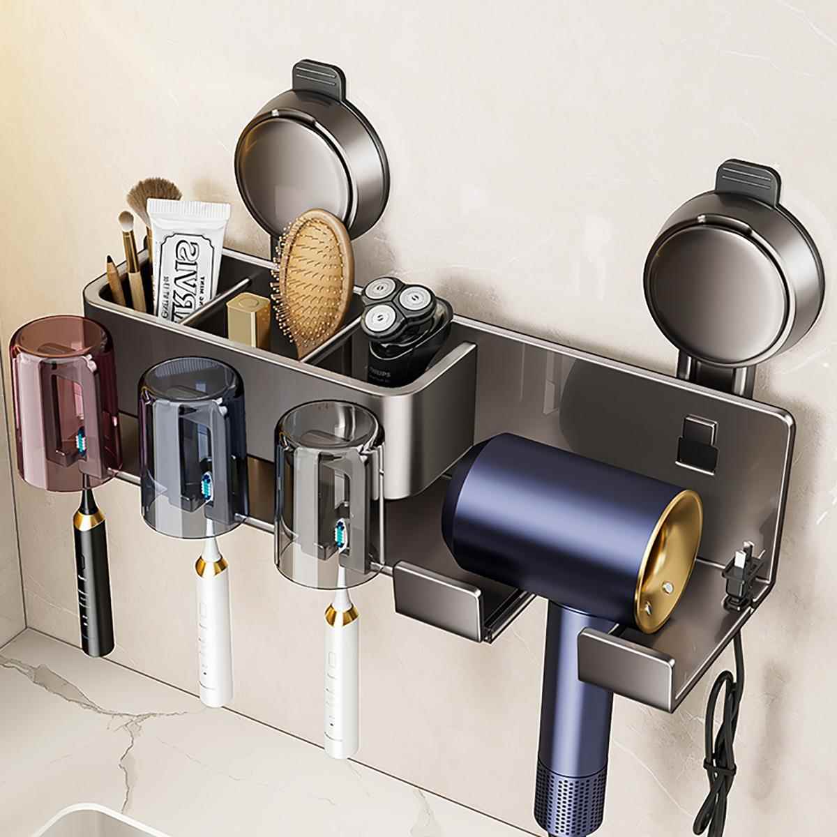 吹风机架子电吹风置物架带牙刷支架免打孔吸盘挂壁式收纳架铝制