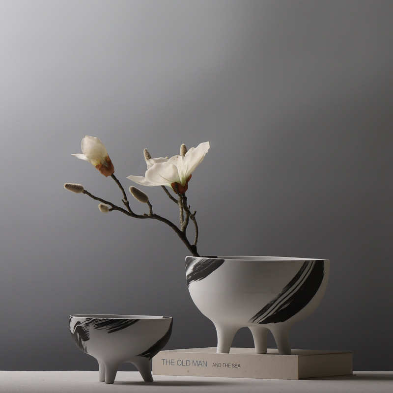 现代简约水墨陶瓷三足花盆样板房创意插花花器茶几餐桌工艺品摆件