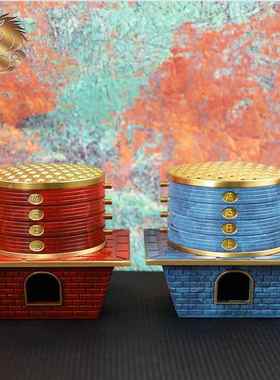 宏达 全黄铜烤色蒸蒸日上办公室玄关铜灶台熏香炉蒸屉铜器摆件