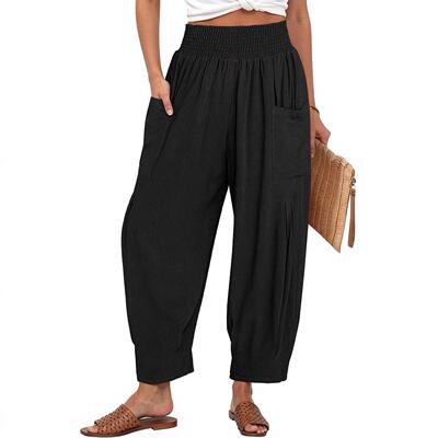 Womens High Waist Wide Leg Woven Trouser Pants Casual