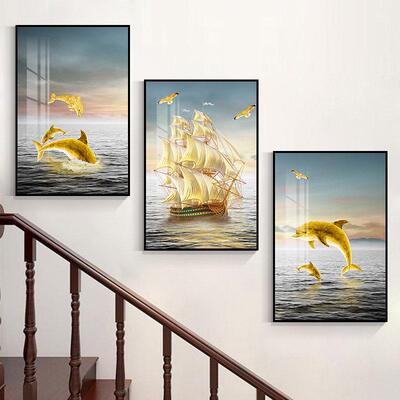 网红道北欧楼间墙面装梯饰画沙复式别墅简楼挂画客厅发三联现代约