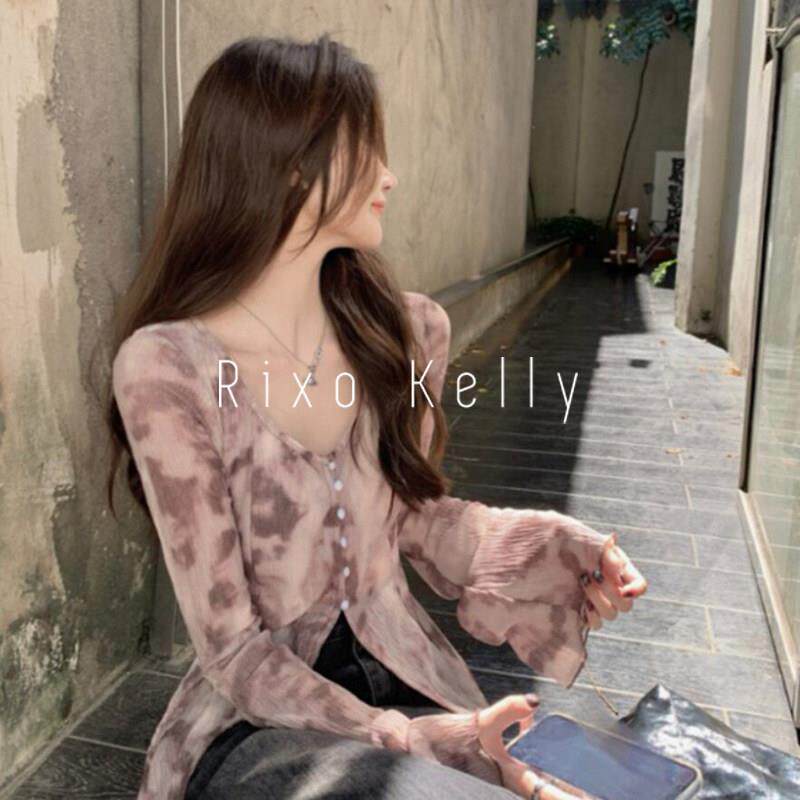 Rixo Kelly气质v领晕染雪纺衬衫女新款修身显瘦单排扣荷叶边上衣