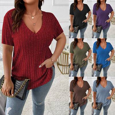 Solid Color Ribbed Tee Casual Long Sleeve V Neck T-shirt